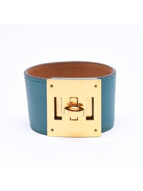 Hermes Kelly Dog Bracelet Bangle Leather Green Gold